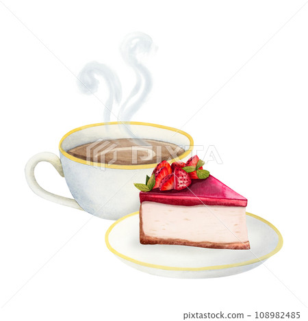 Hot coffee cup with cappuccino and strawberry cheesecake dessert watercolor illustration isolated on white background for menus and flyers 108982485