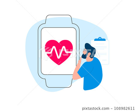 Heart Health Monitoring Smartwatch. Fitness tracker with heart icon. Monitors pulse and pressure for healthcare. Data analyzed by physician for diagnosis and treatment adjustments 108982611