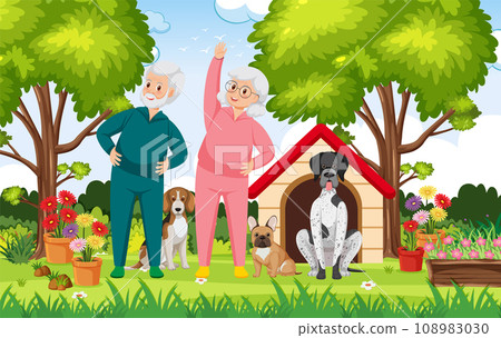 Happy Grandparents Enjoy Exercise with Pet Dogs Happy Grandparents Enjoy Exercise with Pet Dogs 108983030