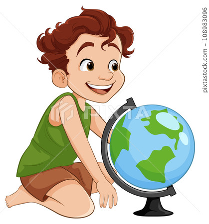 Smiling Boy Sitting with World Globe Toy Smiling Boy Sitting with World Globe Toy 108983096