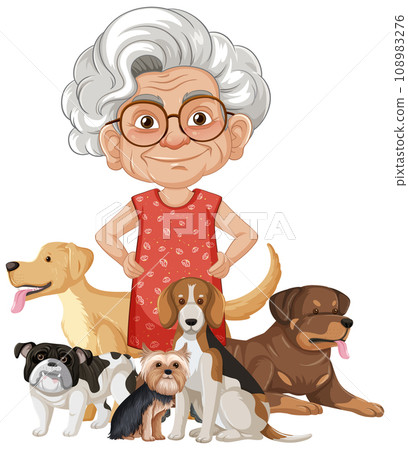Joyful Grandmother Poses with Beloved Pet Dogs 108983276