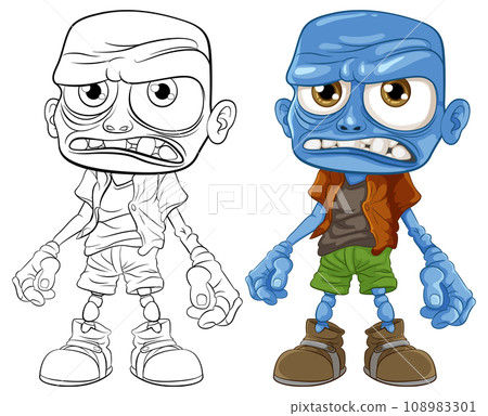 Grumpy Zombie Man Cartoon Character with Blue Skin Grumpy Zombie Man Cartoon Character with Blue Skin 108983301
