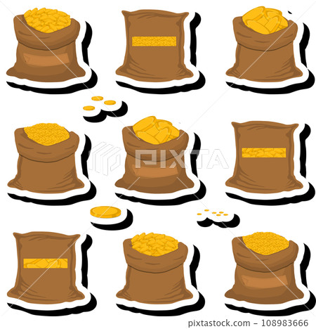 Illustration on theme big colored set different types bags, full sack of coins 108983666