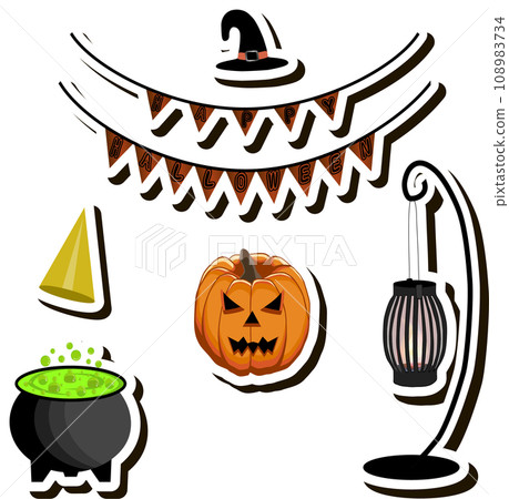 Illustration on theme sticker for celebration holiday Halloween with orange pumpkins Illustration on theme sticker for celebration holiday Halloween with orange pumpkins 108983734