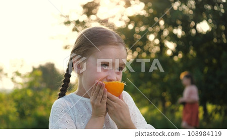 Little girl eats healthy dessert of cut orange fruit in summer park closeup Little girl eats healthy dessert of cut orange fruit in summer park closeup 108984119