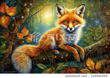 aery cute and adorable fluffy fuzzy little foxlwith big round shiny eyes sitting on a branch 108984369