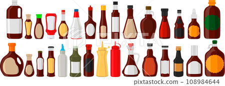 big kit varied glass bottles filled liquid sauce teriyaki 108984644