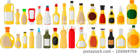 big kit varied glass bottles filled liquid cheese sauce 108984708