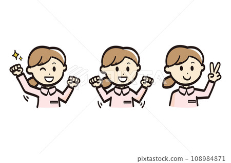Illustration set of a young female nurse wearing a white coat_Peace Guts pose 108984871
