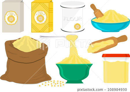 big set different types dishware filled corn flour big set different types dishware filled corn flour 108984930