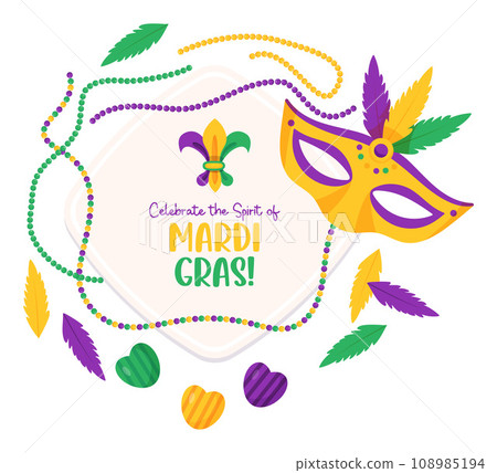 Mardi Gras carnival. Plate with carnival mask, beaded necklaces, feathers and candies. Isolated Vector illustrations in cartoon style. 108985194