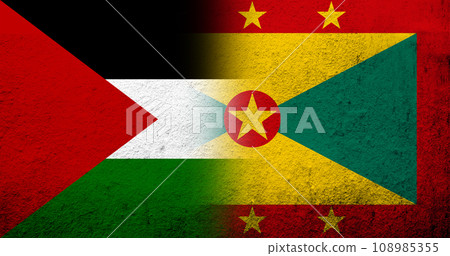 Flag of Palestine and National flag of Grenada. Grunge background 108985355