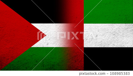 Flag of Palestine and National flag of United Arab Emirates. Grunge background Flag of Palestine and National flag of United Arab Emirates. Grunge background 108985383