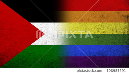 Flag of Palestine and Rainbow LGBT pride flag. Grunge background Flag of Palestine and Rainbow LGBT pride flag. Grunge background 108985391