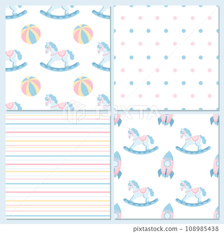 Collection of baby seamless patterns from rocking horse, toys, stripes and dots. Pastel background for kids. Vector 108985438