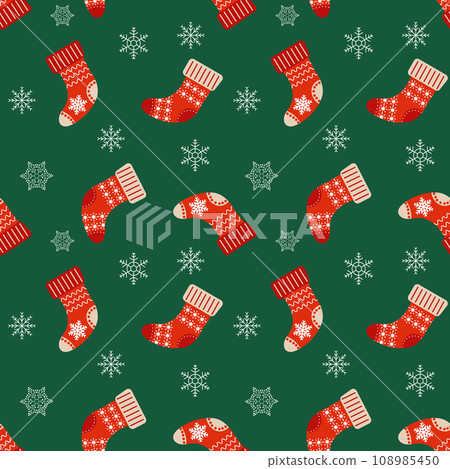 Christmas seamless pattern with Christmas snowflakes and socks. Festive green background, vector 108985450