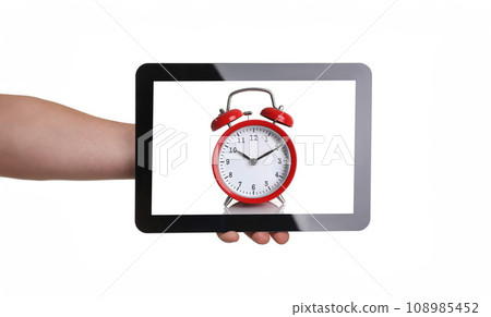 Man hoding black tablet frame in hand Man hoding black tablet frame in hand 108985452