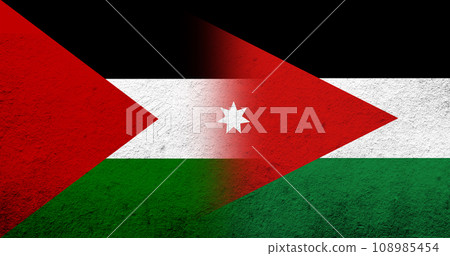 Flag of Palestine and The Hashemite Kingdom of Jordan National flag. Grunge background 108985454