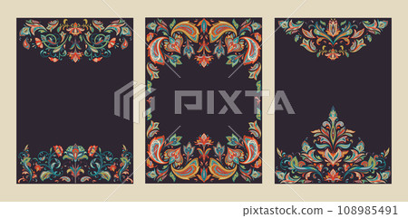 Set of three vector pre-made frames with oriental motifs and paisley ornament. Set of three vector pre-made frames with oriental motifs and paisley ornament. 108985491