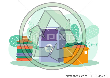 Recycling clothes. Vector illustration. Embracing circular cycle clothing production and recycling is essential for sustainability Recycling clothes helps to create more environmentally conscious Recycling clothes. Vector illustration. Embracing circular cycle clothing production and recycling is essential for sustainability Recycling clothes helps to create more environmentally conscious 108985748
