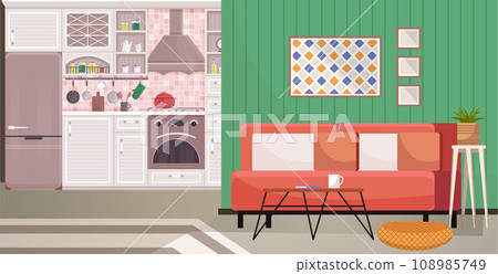 Kitchen vector illustration. Decorative elements in kitchen enhance aesthetics cooking space Culinary experiences come alive in kitchens where decor complements practicality Furniture choices Kitchen vector illustration. Decorative elements in kitchen enhance aesthetics cooking space Culinary experiences come alive in kitchens where decor complements practicality Furniture choices 108985749