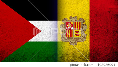 Flag of Palestine and The Principality of the Valley of Andorra national flag. Grunge background Flag of Palestine and The Principality of the Valley of Andorra national flag. Grunge background 108986094