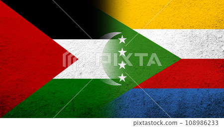 Flag of Palestine and The Union of the Comoros National flag. Grunge background 108986233