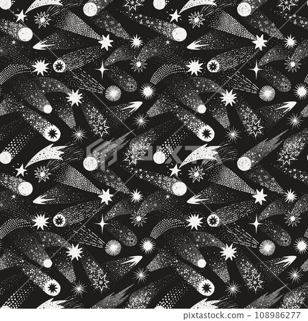 Seamless doodle-style pattern with hand-drawn white shooting stars on black. Ideal for backgrounds, textiles, wallpapers, packaging and scrapbooking 108986277