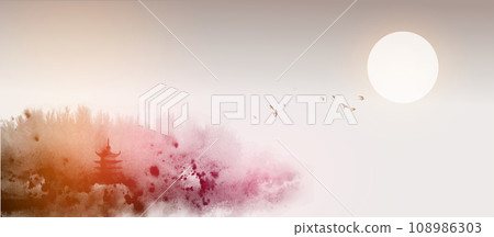 Ink wash painting with pagoda temple on misty island with forest trees. Traditional oriental ink painting sumi-e, u-sin, go-hua. Ink wash painting with pagoda temple on misty island with forest trees. Traditional oriental ink painting sumi-e, u-sin, go-hua. 108986303