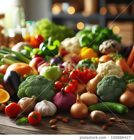 Composition with assorted organic vegetables and fruits 108986427