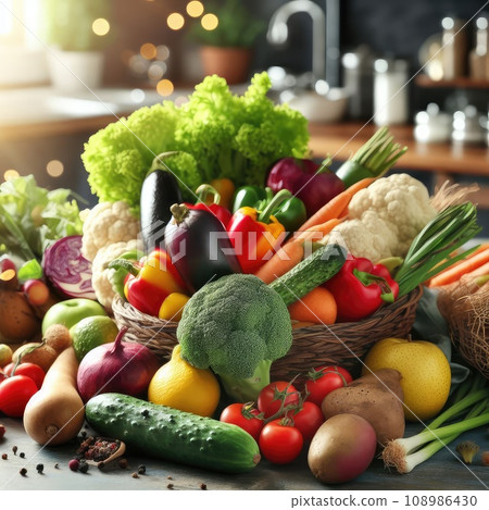 Composition with assorted organic vegetables and fruits Composition with assorted organic vegetables and fruits 108986430