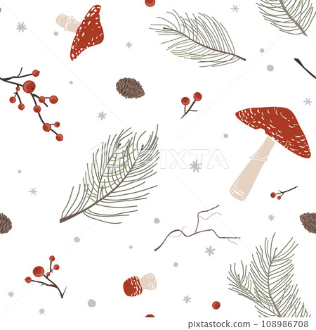 Christmas seamless pattern with fly agaric mushrooms, pine cone and branches, and red berries on white background. Holiday gift paper pattern, vector Christmas seamless pattern with fly agaric mushrooms, pine cone and branches, and red berries on white background. Holiday gift paper pattern, vector 108986708