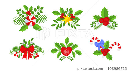 Christmas wreath design element set. Spruce evergreen branch Christmas wreath design element set. Spruce evergreen branch 108986713