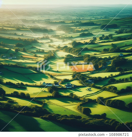 Aerial view of endless lush pastures and farmlands of Ireland. countryside with fields and meadows. Aerial view of endless lush pastures and farmlands of Ireland. countryside with fields and meadows. 108986721