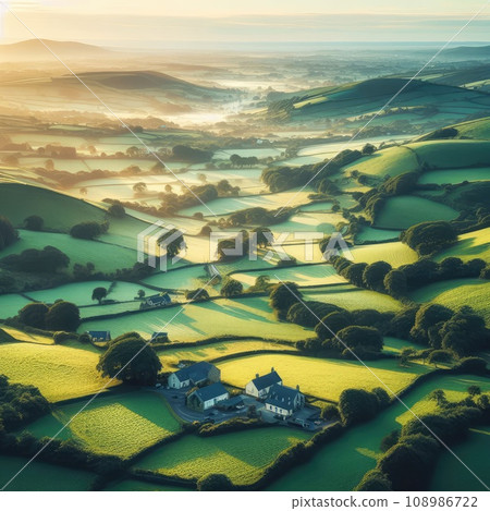 Aerial view of endless lush pastures and farmlands of Ireland. countryside with fields and meadows. Aerial view of endless lush pastures and farmlands of Ireland. countryside with fields and meadows. 108986722