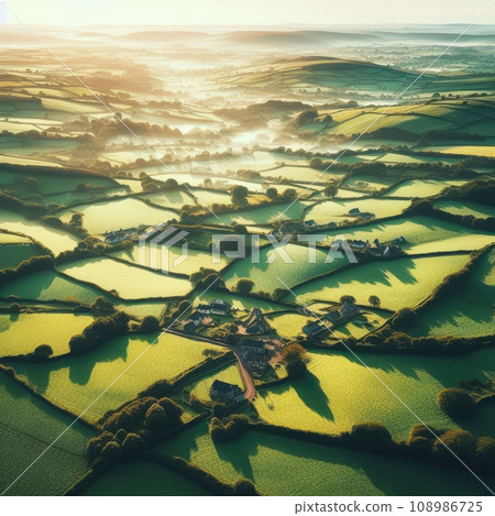 Aerial view of endless lush pastures and farmlands of Ireland. countryside with fields and meadows. Aerial view of endless lush pastures and farmlands of Ireland. countryside with fields and meadows. 108986725
