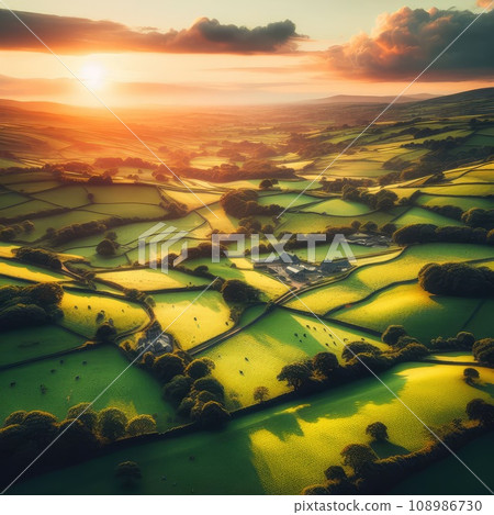 Aerial view of endless lush pastures and farmlands of Ireland. countryside with fields and meadows. 108986730