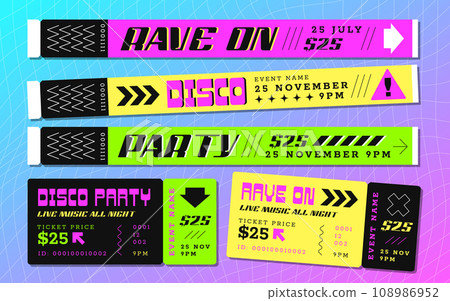 Festival bracelets and tickets for pass to event, disco or music concert Festival bracelets and tickets for pass to event, disco or music concert 108986952