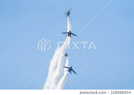 Blue Impulse from Matsushima Air Base flying in the blue sky Higashi Matsushima City, Miyagi Prefecture Blue Impulse from Matsushima Air Base flying in the blue sky Higashi Matsushima City, Miyagi Prefecture 108986954
