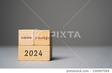 2024 vision strategy concept. Concept for business ideas and goals. Strategy development. Planning and action plan. Performance, motivation and company management. Wooden blocks, copy space 108987089