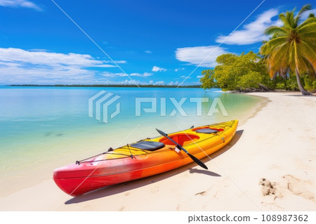 Beautiful paradise beach and sea with kayak boat. Holiday vacation concept Beautiful paradise beach and sea with kayak boat. Holiday vacation concept 108987362