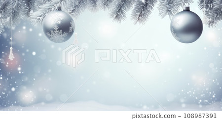 Christmas background with silver balls. Holiday concept for banner, greeting card, invitation. Christmas background with silver balls. Holiday concept for banner, greeting card, invitation. 108987391