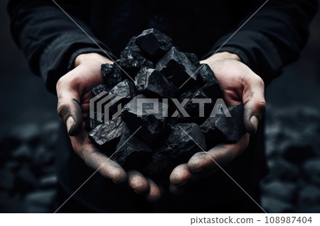 Male hands holding cubes of black coal 108987404
