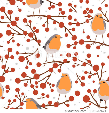 Robin birds and red berries branches, seamless Christmas pattern, winter vector illustration, print on white background. 108987621
