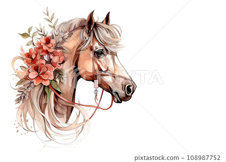 Image of brown horse head with colorful tropical flowers. Farm animals., Mammals. 108987752