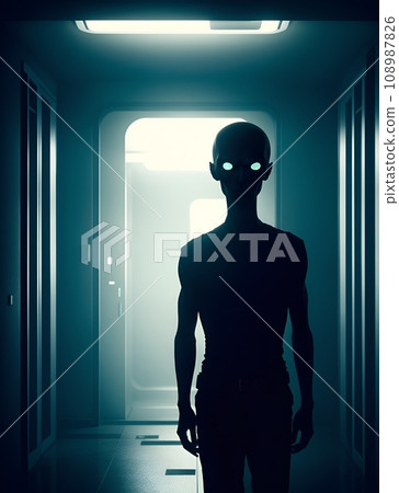 黑暗中出現的外星人剪影 108987826