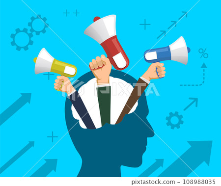 Hands with megaphones from a human head. 108988035