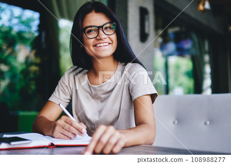 happy beautiful woman writing creative ideas for blog publication enjoy leisure happy beautiful woman writing creative ideas for blog publication enjoy leisure 108988277