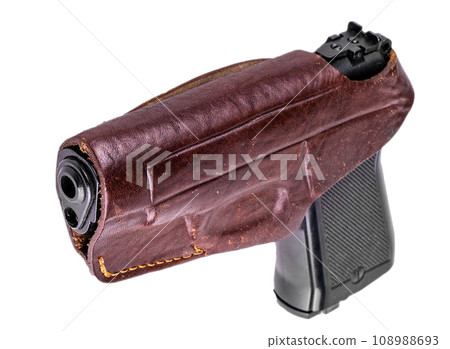 Pistol in holster isolated on white background. Close up Pistol in holster isolated on white background. Close up 108988693