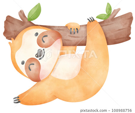 Cute Baby Sloth Watercolor Cartoon Illustration Cute Baby Sloth Watercolor Cartoon Illustration 108988756